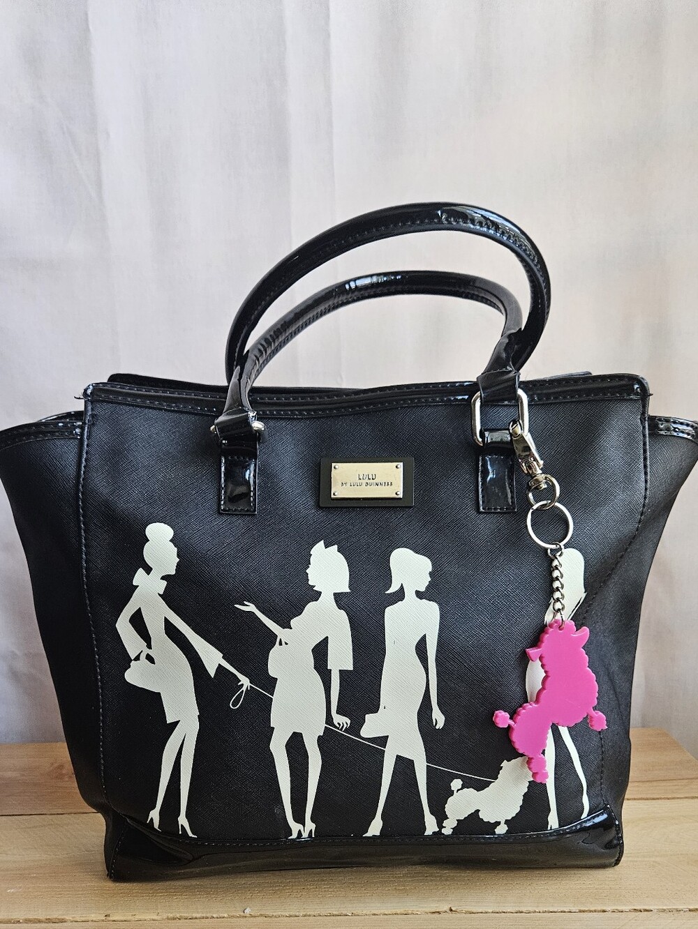 Lulu by Lilu Black Tote with White Silhouette and Pink Poodle Charm